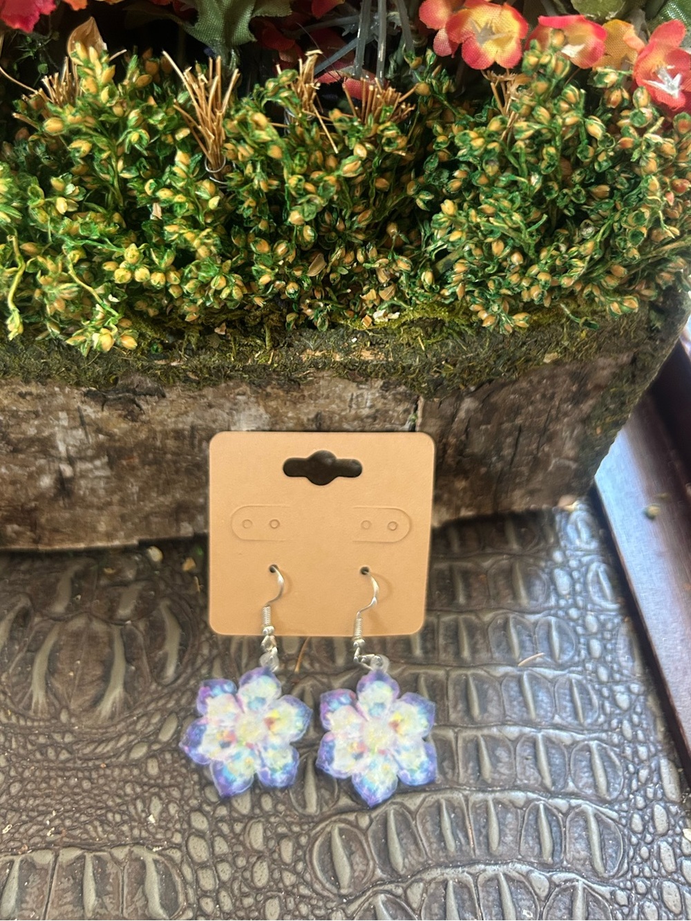 Floral Resin Drop Earrings in Purple and Pastel Hues